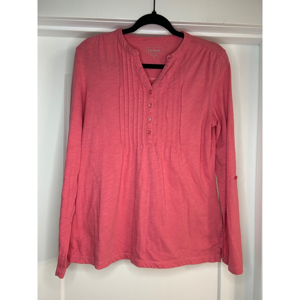 LL Bean Womens Small Coral Pink Pintuck Slub Cotton Henley Long Sleeve Top